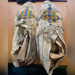 Vintage Handmade Leather Beaded Moccasins Shoes Pair Ethnic Tribal Art Museum